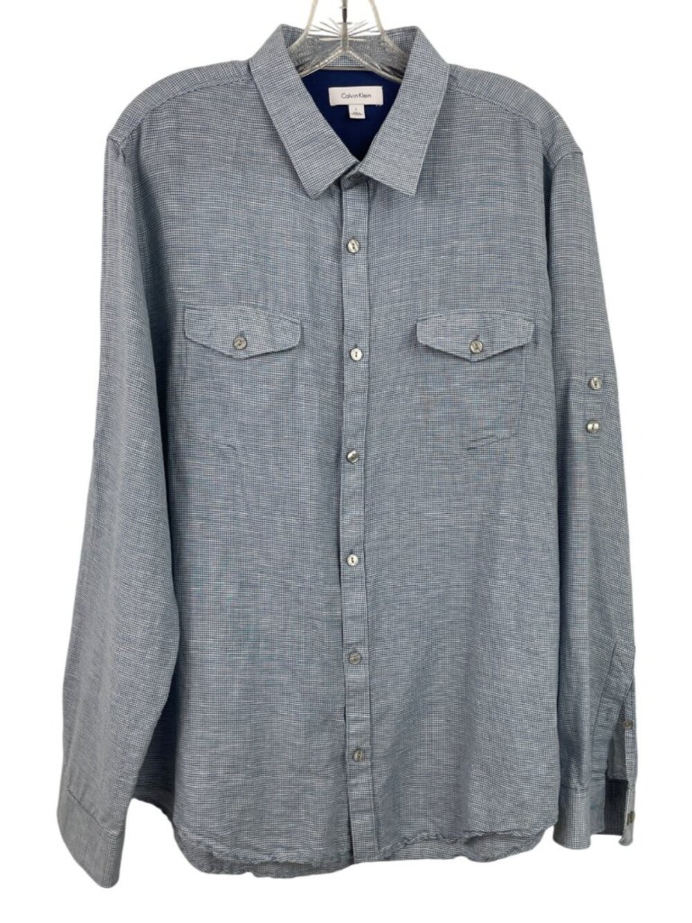 Calvin Klein Mens Blue Long Sleeve Roll Tab Button-Up Shirt Size Large